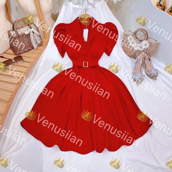 RED PADDED SHIRTWAIST MIDI DRESS VINTAGE STYLE WOMEN'S CLOTHING DRESSES - Picture 1 of 2